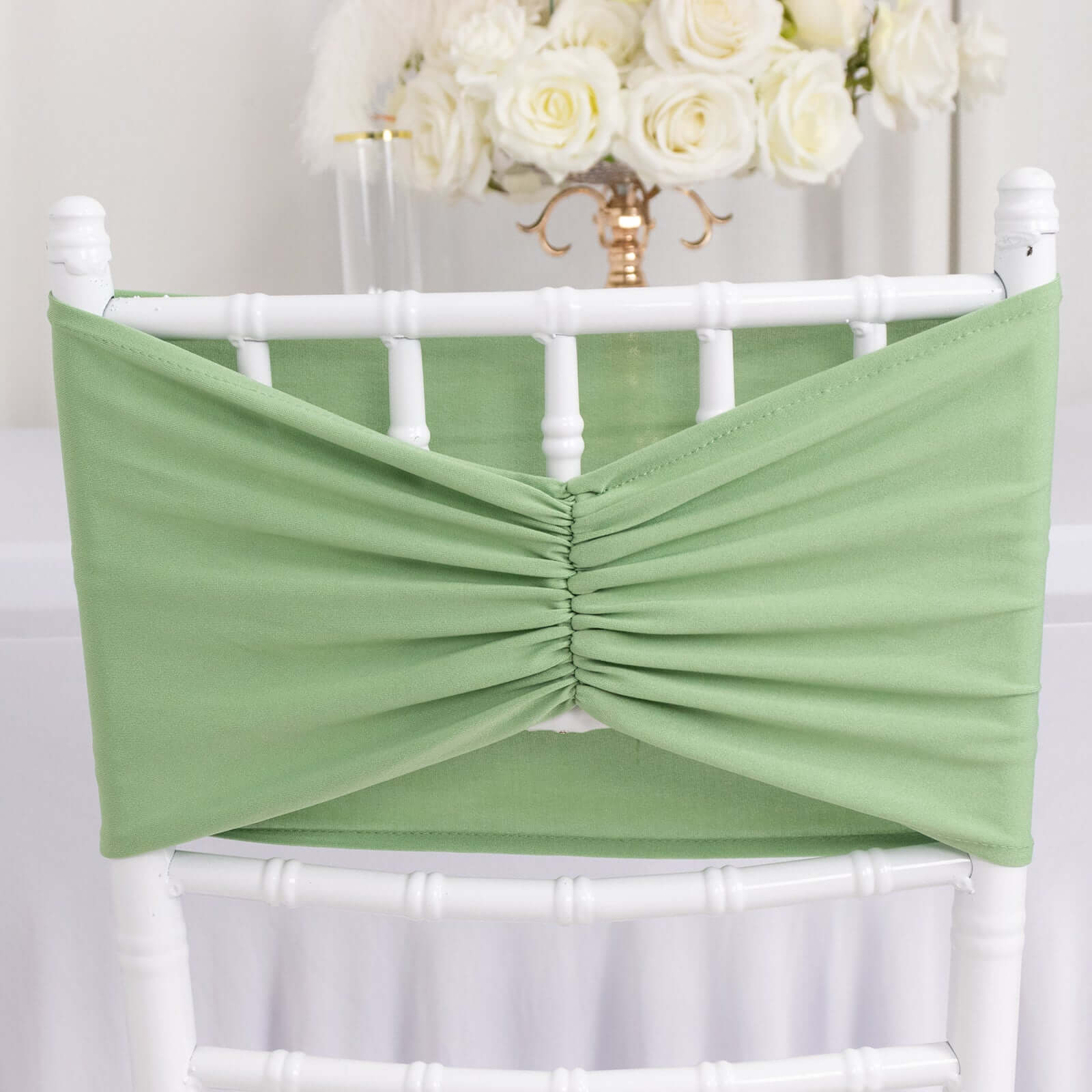 5 Pack Spandex Chair Sashes Sage Green Ruffled Style - Wide Easy to Use Stretch Chair Bands 8"x13"