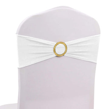 5 Pack Spandex Chair Sashes White with Gold Rhinestone Buckles - Reusable Four-Way Stretch Sash Bands for Classy & Effortless Wedding & Party Decor 5"x14"