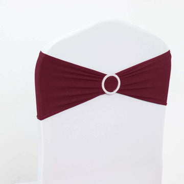 5 Pack Stretch Spandex Chair Sashes Burgundy - Reusable Chair Bands with Silver Diamond Ring Slide Buckle 5"x14"