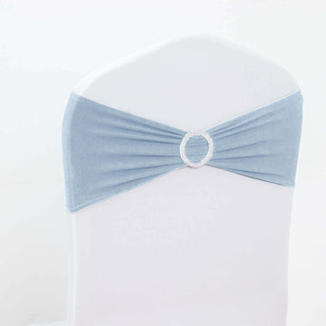 5 Pack Stretch Spandex Chair Sashes Dusty Blue - Reusable Chair Bands with Silver Diamond Ring Slide Buckle 5"x14"