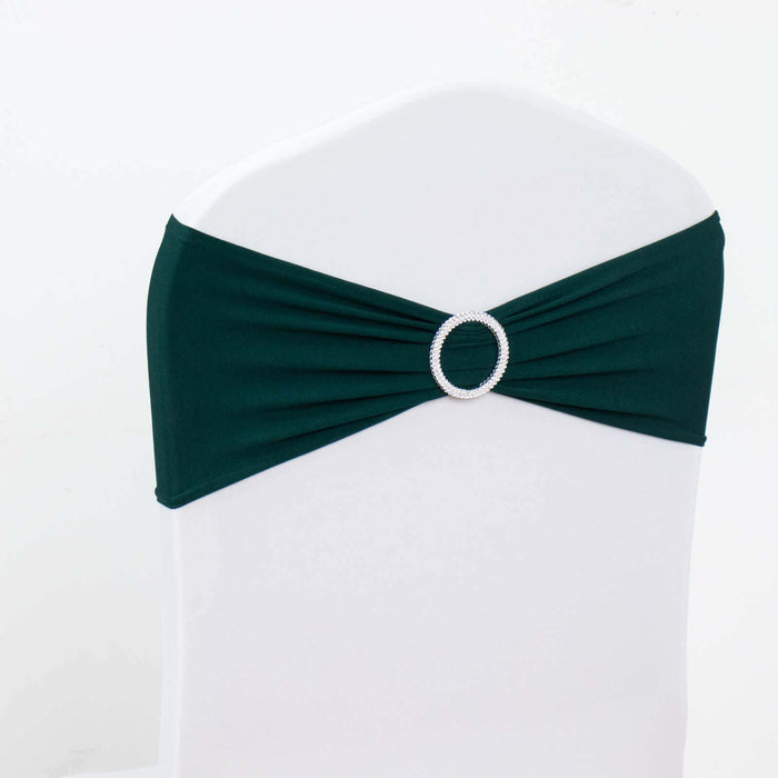 5 Pack | Hunter Emerald Green Spandex Stretch Chair Sashes with Silver Diamond Ring Slide