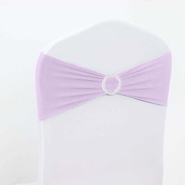 5 Pack Stretch Spandex Chair Sashes Lavender Lilac - Reusable Chair Bands with Silver Diamond Ring Slide Buckle 5"x14"