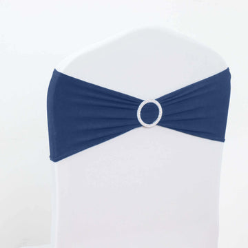 5 Pack Stretch Spandex Chair Sashes Navy Blue - Reusable Chair Bands with Silver Diamond Ring Slide Buckle 5"x14"