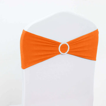 5 Pack Stretch Spandex Chair Sashes Orange - Reusable Chair Bands with Silver Diamond Ring Slide Buckle 5"x14"