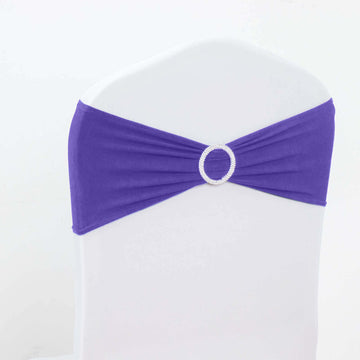 5 Pack Stretch Spandex Chair Sashes Purple - Reusable Chair Bands with Silver Diamond Ring Slide Buckle 5"x14"