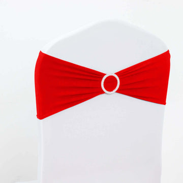 5 Pack Stretch Spandex Chair Sashes Red - Reusable Chair Bands with Silver Diamond Ring Slide Buckle 5"x14"