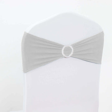 5 Pack Stretch Spandex Chair Sashes Silver - Reusable Chair Bands with Silver Diamond Ring Slide Buckle 5"x14"