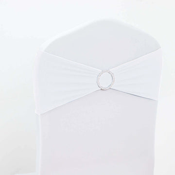 5 Pack Stretch Spandex Chair Sashes White - Classy Reusable Chair Bands with Silver Diamond Ring Slide Buckle 5"x14"