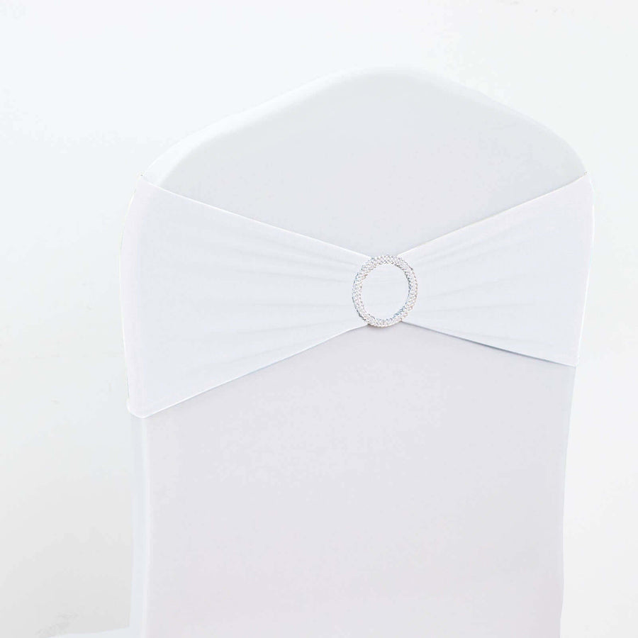 5 pack | 5"x14" White Spandex Stretch Chair Sash with Silver Diamond Ring Slide Buckle