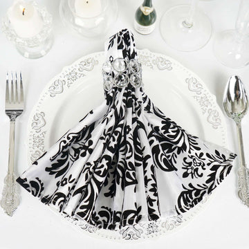 5 Pack Taffeta 20"x20" Napkins Black/White Damask Flocking Design - Decorative Dinner Napkins with a Luxurious Touch