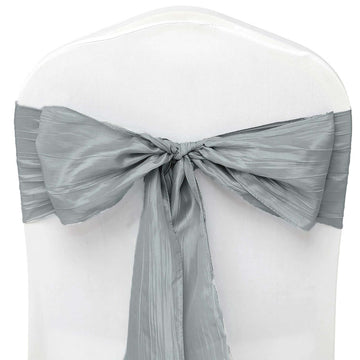 5 Pack Taffeta 6"x106" Chair Sashes Silver Accordion Crinkle Texture - Stylish Decor for Weddings & Gatherings