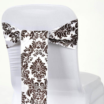 5 Pack Taffeta Damask Chair Sashes White with Chocolate Flocking Design 6"x108"