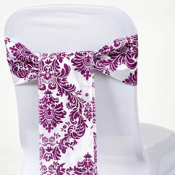 5 Pack Taffeta Damask Chair Sashes White with Eggplant Flocking Design 6"x108"