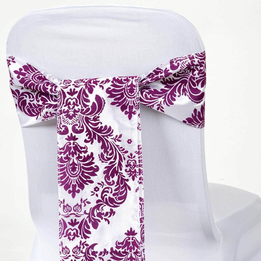 5 Pack | 6”x108” Flocking Taffeta Chair Sashes - Eggplant | White