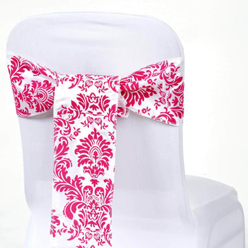 5 Pack Taffeta Damask Chair Sashes White with Fuchsia Flocking Design 6"x108"