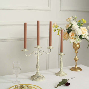 5-Pack Taper Candles Ribbed Wick Ribbon Wax Design Beige - Premium Unscented Dinner Candles 9"