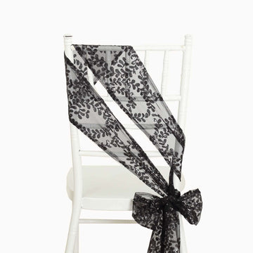 5 Pack Tulle Chair Sashes with Leaf Vine Embroidered Sequins Black 6"x88"