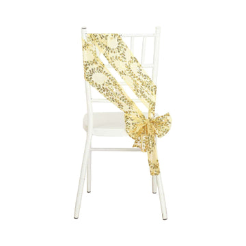 5 Pack Tulle Chair Sashes with Leaf Vine Embroidered Sequins Gold 6"x88" - Stylish Decor for Weddings