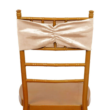 5 Pack Velvet Chair Sashes with Ruffled Center Champagne - Soft Stretchable Chair Bands