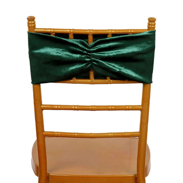 5 Pack Velvet Chair Sashes with Ruffled Center Hunter Green - Soft Stretchable Chair Bands