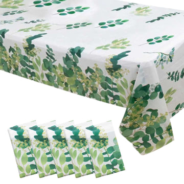 5-Pack Plastic Table Covers White/Green Rectangle with Eucalyptus Leaves Print - Decorative PVC Disposable Tablecloths 54"x108"