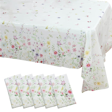 5-Pack Plastic Tablecloths White/Green Spring Floral Rectangle with Wild Flowers Butterfly Print - Durable PVC Disposable Table Covers 54"x108"