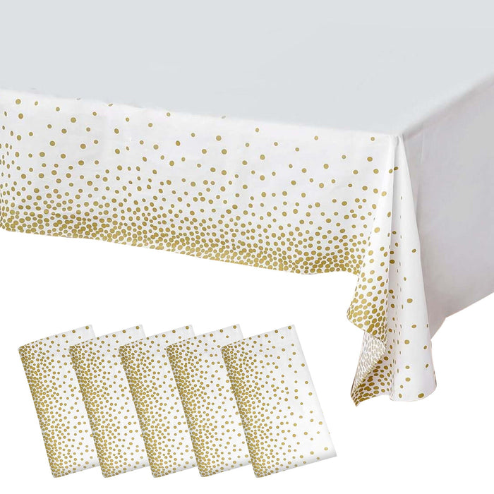 5-Pack Plastic Table Covers White Rectangle with Gold Confetti Dots - Durable PVC Disposable Tablecloths for Events 54"x108"