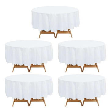 5-Pack Plastic Table Covers White Round - Durable PVC Disposable Tablecloths for Events 84"