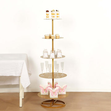 5 Tier Champagne Tower Stand Gold Metal Round Dessert Display Cupcake Holder - Sturdy Event Centerpiece 4.5ft Tall