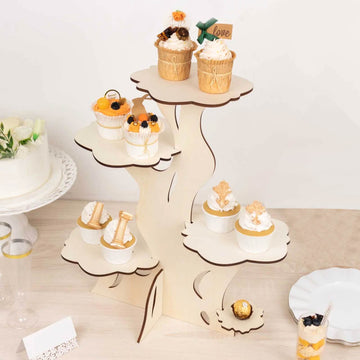 5-Tier Wooden Cake Stand Natural Tree Tower Design with Laser Cut Details - Rustic Cupcake Dessert Display 19" Tall