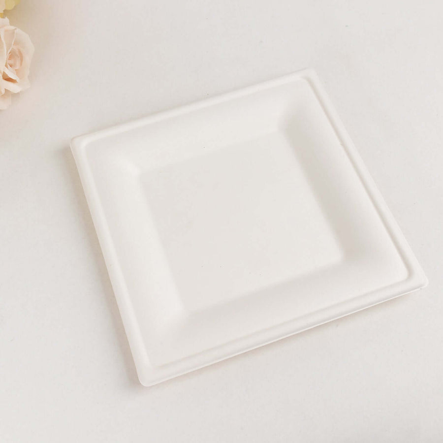 50 Pack | 10inch White Biodegradable Bagasse Square Party Plates, Disposable Sugarcane Dinner Plates