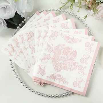 50 Pack 2-Ply Paper Beverage Napkins in White Matte Pink Damask Floral Pattern, Disposable Cocktail Napkins - Highly Absorbent & Soft