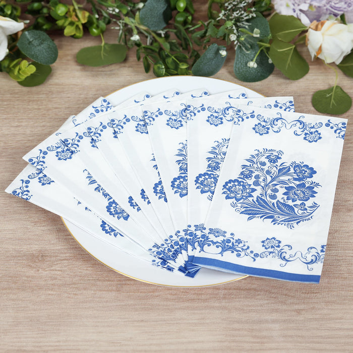 50 Pack 2-Ply Paper Party Napkins in White Royal Blue Damask Floral Pattern