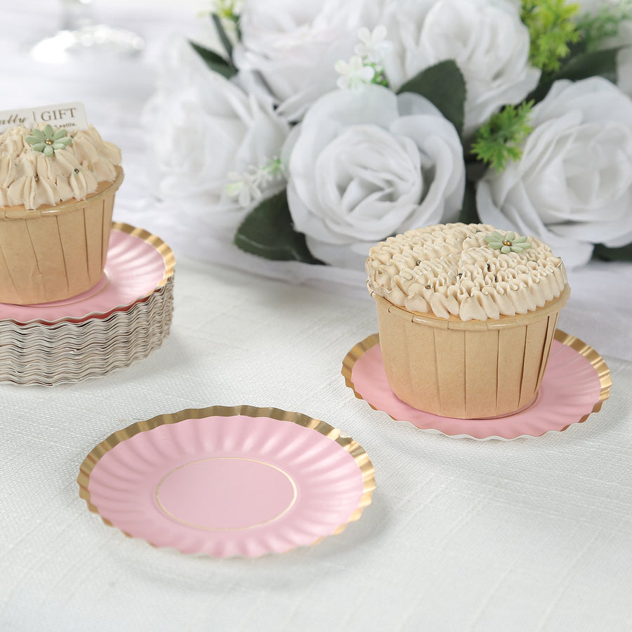 50 Pack Gold Scalloped Rim Mini Dessert Plates in Blush, Disposable Round Paper Party