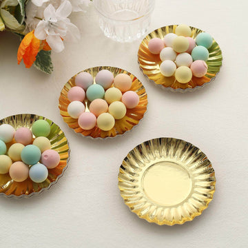 50-Pack Paper 3.5" Round Party Plates in Metallic Gold with Scalloped Rim - Disposable Mini 250GSM Dessert Plates for Tapas, Appetizers & Finger Foods