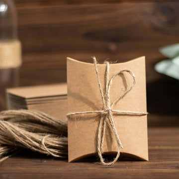 50 Pack 4.5"x3.5" Natural Brown Paper Wedding Favor Pillow Boxes with Burlap Twine, Party Gift Boxes