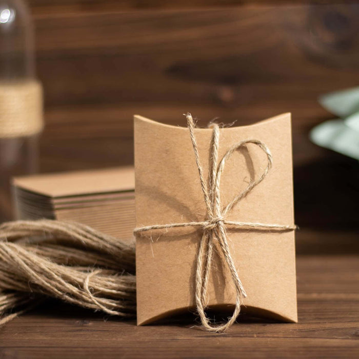 50 Pack | 4.5x3.5inch Natural Wedding Favor Pillow Box and Burlap Twine Set