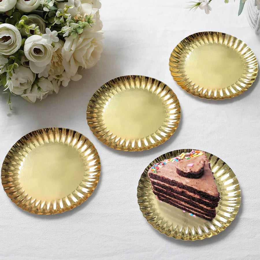 50 Pack | 5inch Metallic Gold Scalloped Rim Mini Paper Dessert Plates, Disposable Round Tapas