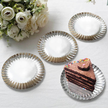50-Pack Paper 5" Round Dessert Plates in Metallic Silver with Scalloped Rim - Disposable 250GSM Appetizer Party Plates
