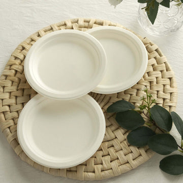 50-Pack Bagasse 7" Round Dessert Plates in White - Biodegradable Disposable Sugarcane Appetizer Salad Plates for Outdoor Celebrations & Picnics