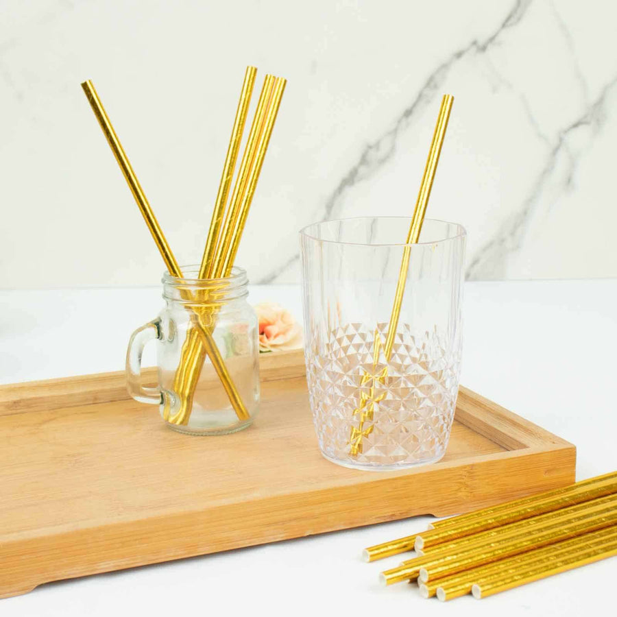 50 Pack | 8inch Metallic Gold Foil Biodegradable Paper Drinking Straws