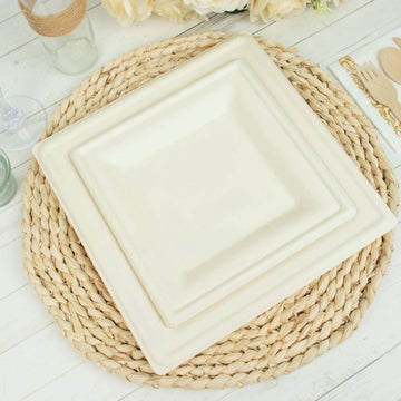 50-Pack Bagasse 8" Square Dessert Plates White with Wide Rim - Eco Friendly Sugarcane Appetizer/Salad Plates for Parties & Events