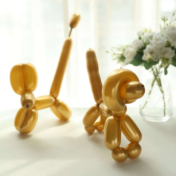 50 Pack Assorted Metallic Gold Long Latex Balloons For Twisting Magic, Animal Modelling Party Balloons