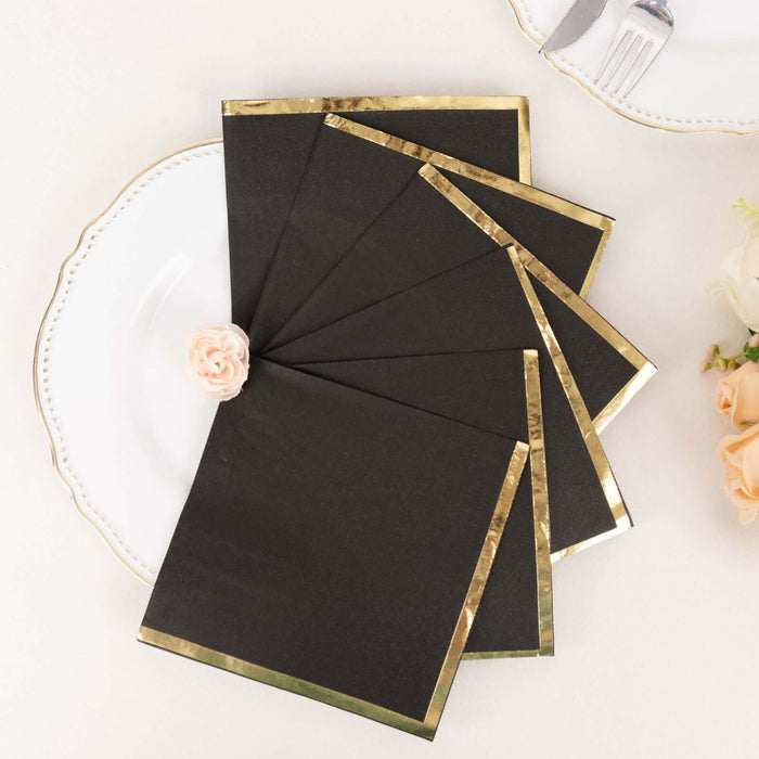 50 Pack 2 Ply Soft Black With Gold Foil Edge Dinner Paper Napkins, Wedding Cocktail