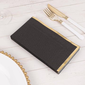 50-Pack Paper Dinner Napkins Black with Gold Foil Edge 2 Ply - Stylish Disposable Napkins for Parties