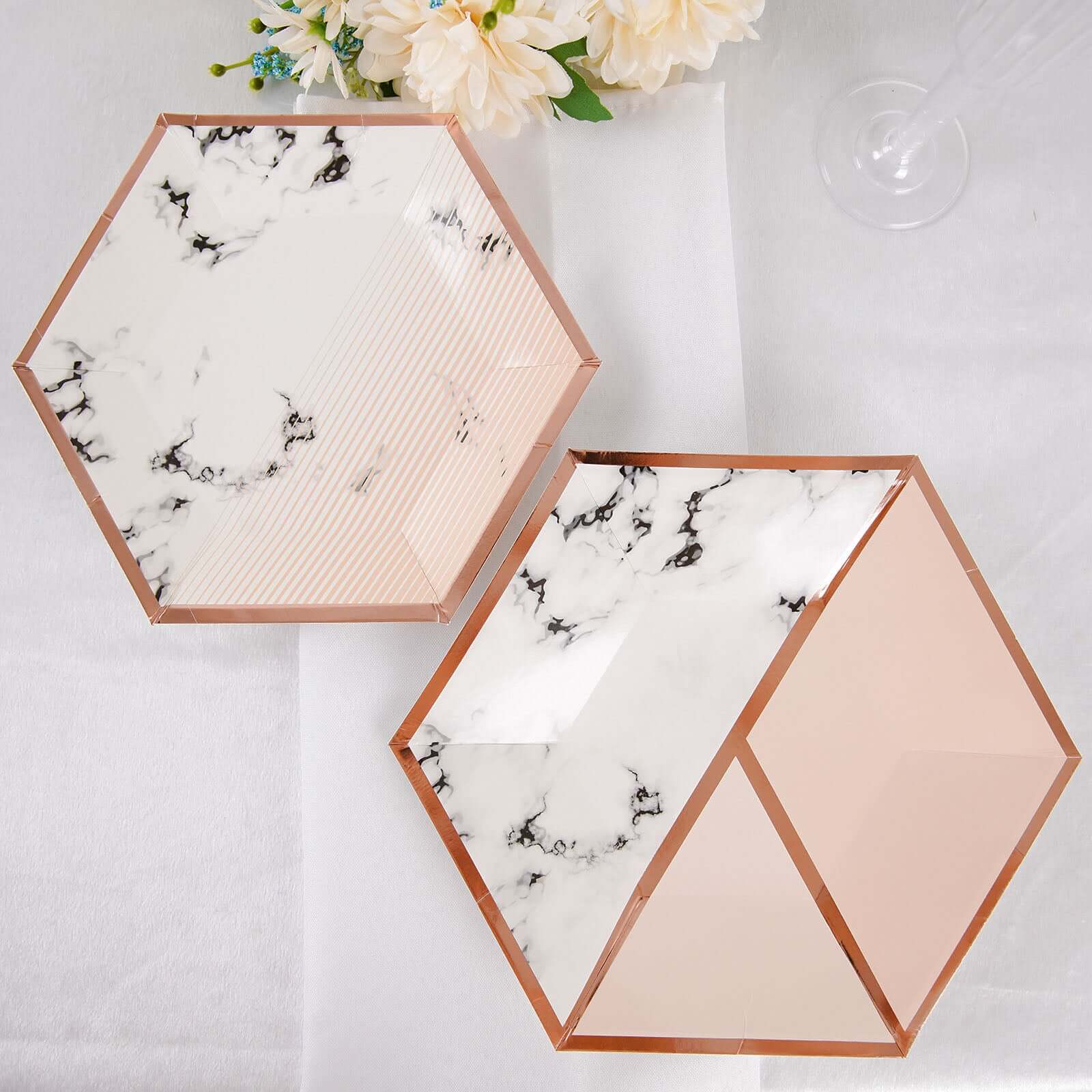 50-Pack Paper Hexagon Dinner and Dessert Plates in Blush with Marble Design & Rose Gold Foil Rim - Chic Disposable Geometric Party Plates Set for 25 Guests 8", 10"