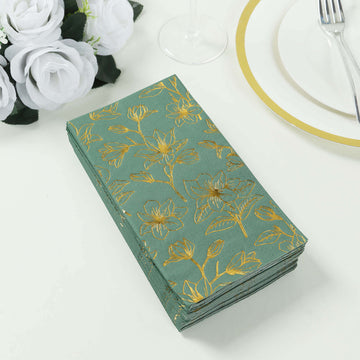 50-Pack Paper Dinner Napkins Dusty Sage Green with Gold Magnolia Flowers Print 2-Ply - Disposable Soft Napkins for Parties