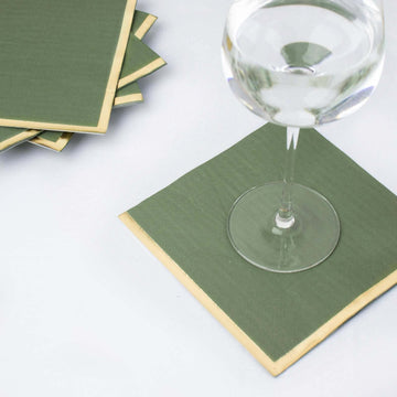 50-Pack Paper Beverage Napkins with Gold Foil Olive Green - Disposable 2 Ply Cocktail Napkins for Events 6.5"x6.5"