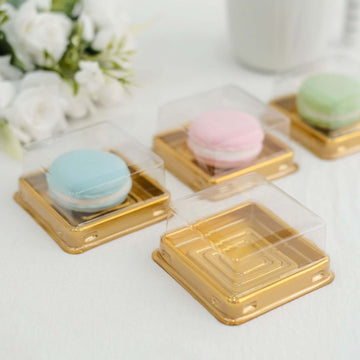 50-Pack Favor Containers Square Design Gold and Clear - Plastic Party Boxes for Cupcakes and Desserts 3"