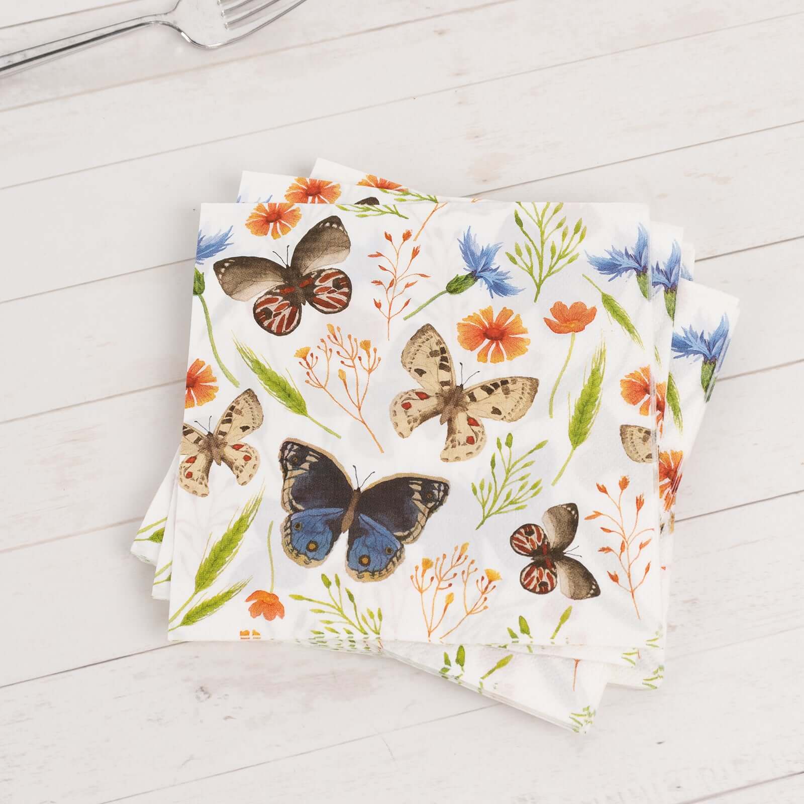 50-Pack Paper Beverage Napkins with Field Herbs and Butterfly Print Ivory - 2 Ply Disposable 18GSM Garden Party Napkins 6.5"x6.5"